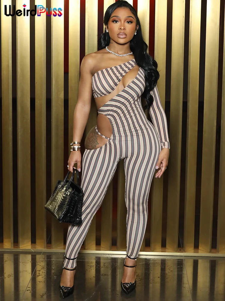 Sexy Hollow Ruched Jumpsuit for Women Irregular Hipster Stripe Print Full Sleeve Clubwear Midnight Workout Overalls