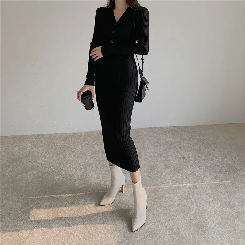 Knit Sweater Dress For Women V Neck Maxi With Buttons