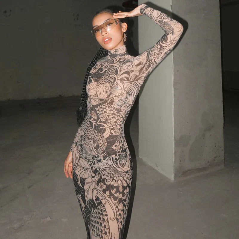 Women Mesh See Through Bodycon Long Sleeve Dress Autumn