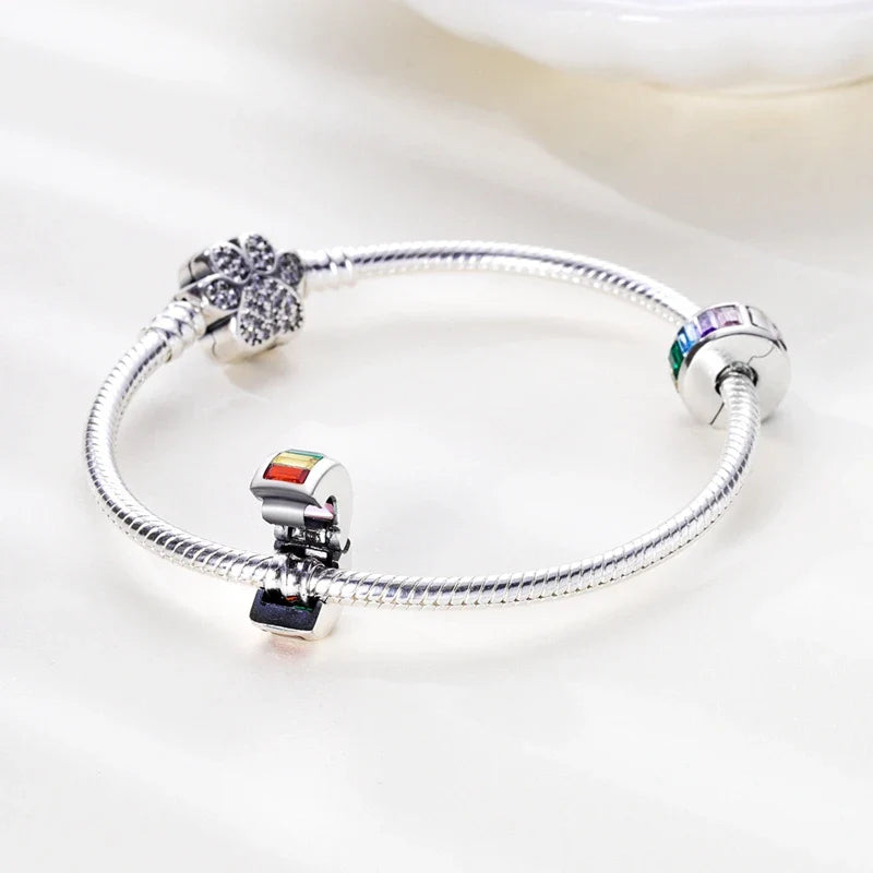 Fit Original 925 Sterling Silver Clip Charms with Zircon and Silicone Spacer Beads for Women DIY Bracelet Gift