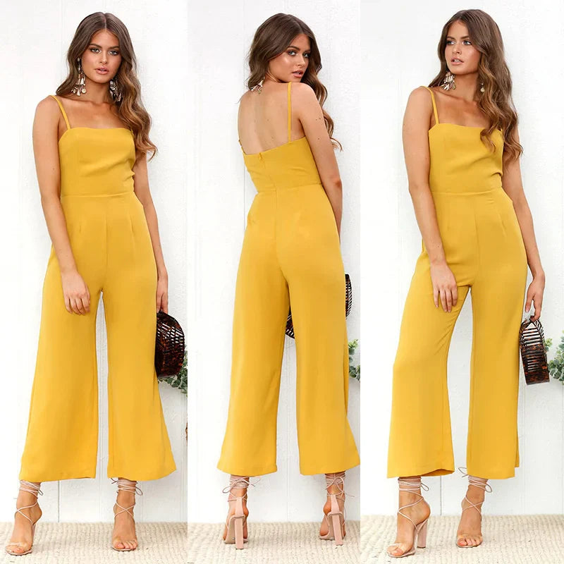 Women Sleeveless Bib Dungarees Jumpsuit Casual Loose Fit Solid Color Wide Leg Overalls with Spaghetti Straps for Autumn