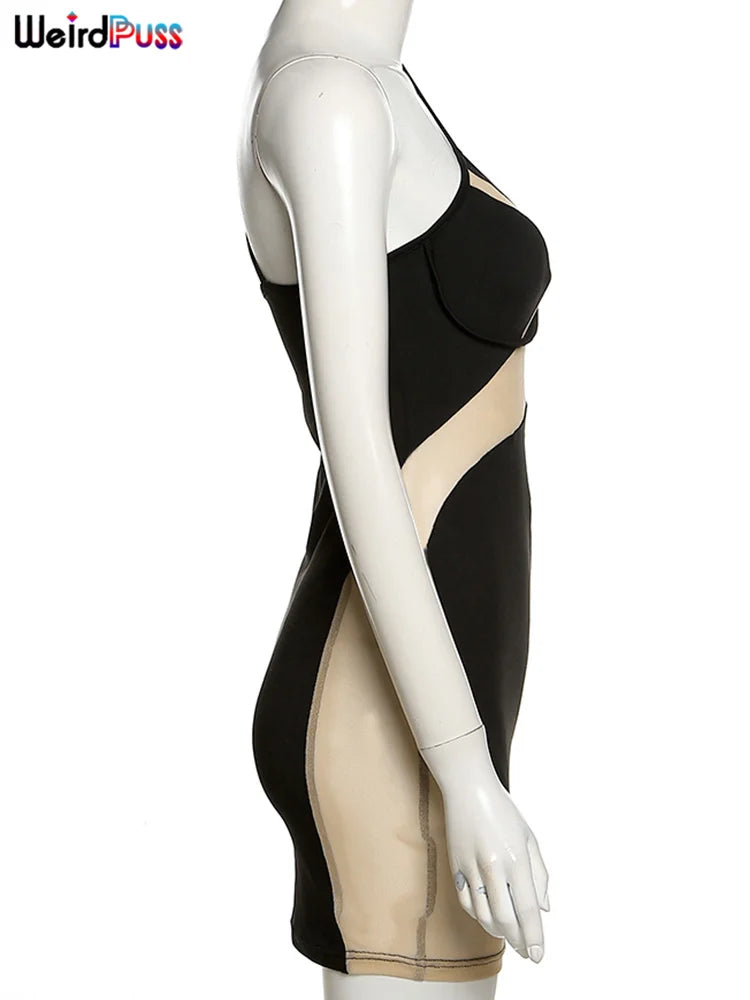 Mesh Patchwork Sexy Dress One Shoulder Sleeveless Bodycon