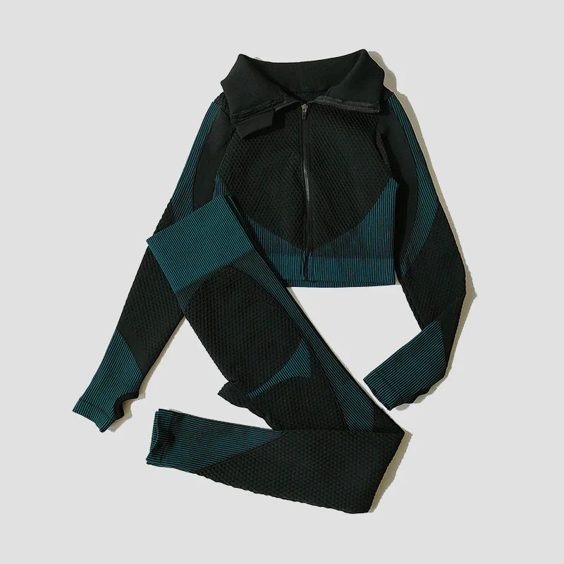2/3Pcs Women Seamless Knitted Yoga Set with High Waist Leggings and Zipper Long Sleeve Crop Top Lightweight Stretchy Fitness Sportswear Gym Outfit