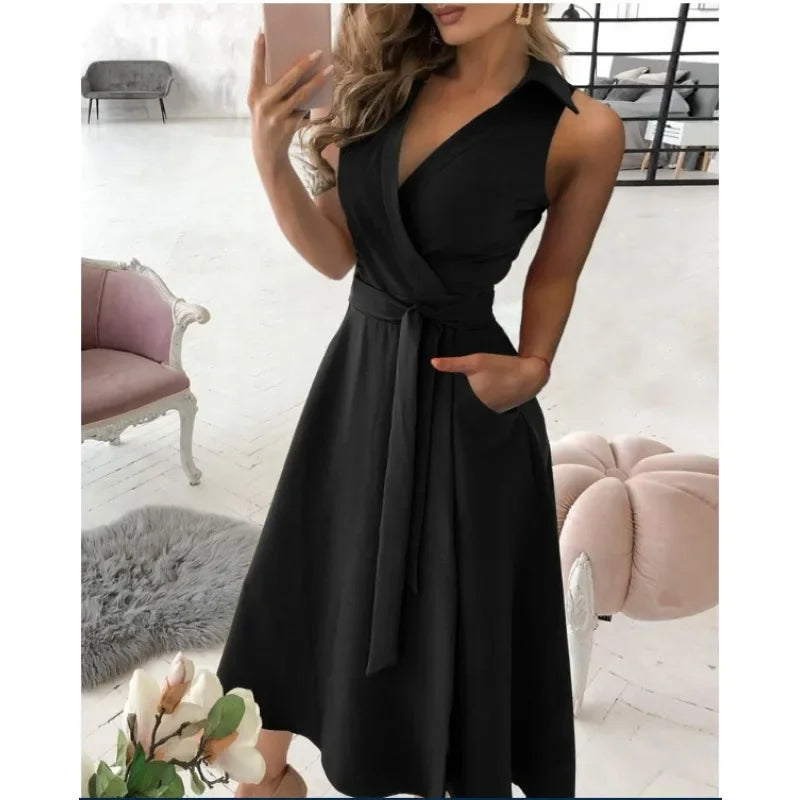 Women Belted V Neck Long Sleeve Dress For Spring Summer