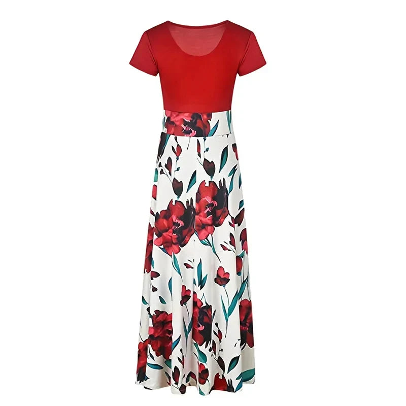 Printed Pleated Maxi Dress With Crew Neck Short Sleeves