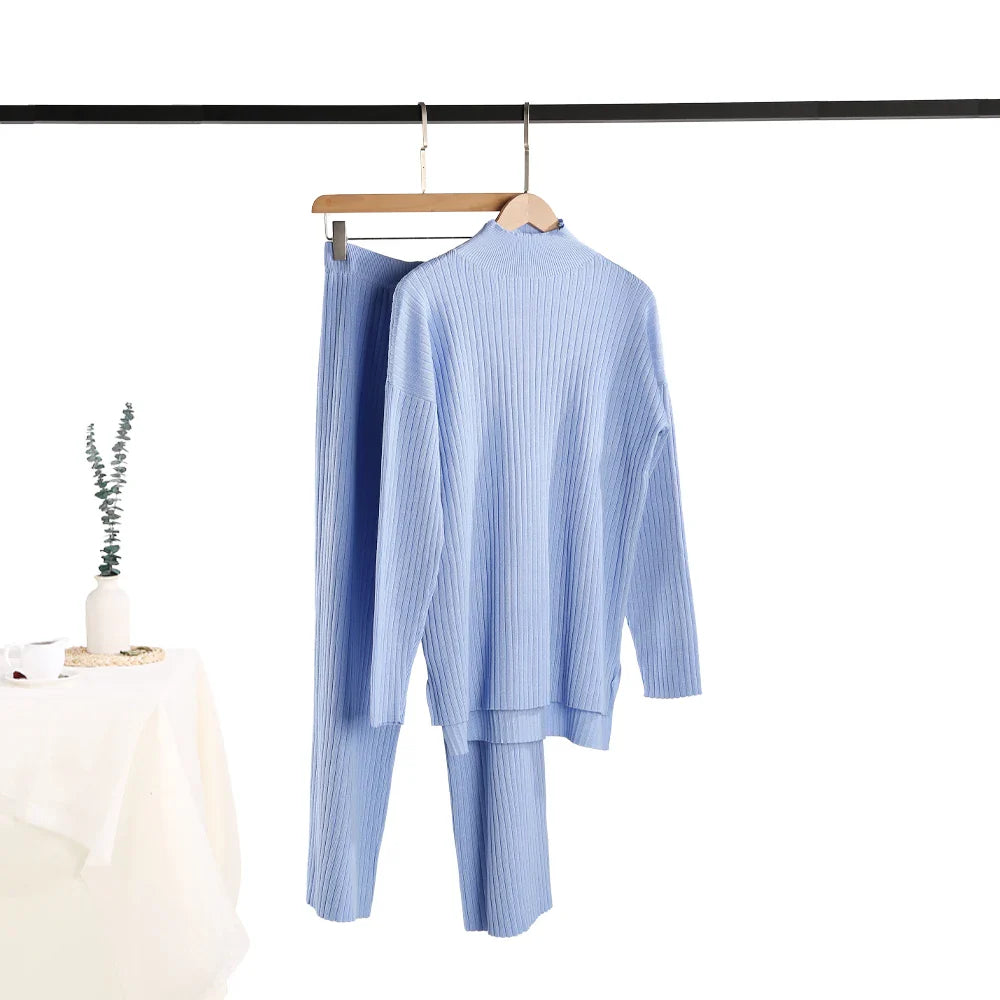 Autumn Winter Women's Knitted Tracksuit Set with Half Turtleneck Sweater and Wide Leg Jogging Pants