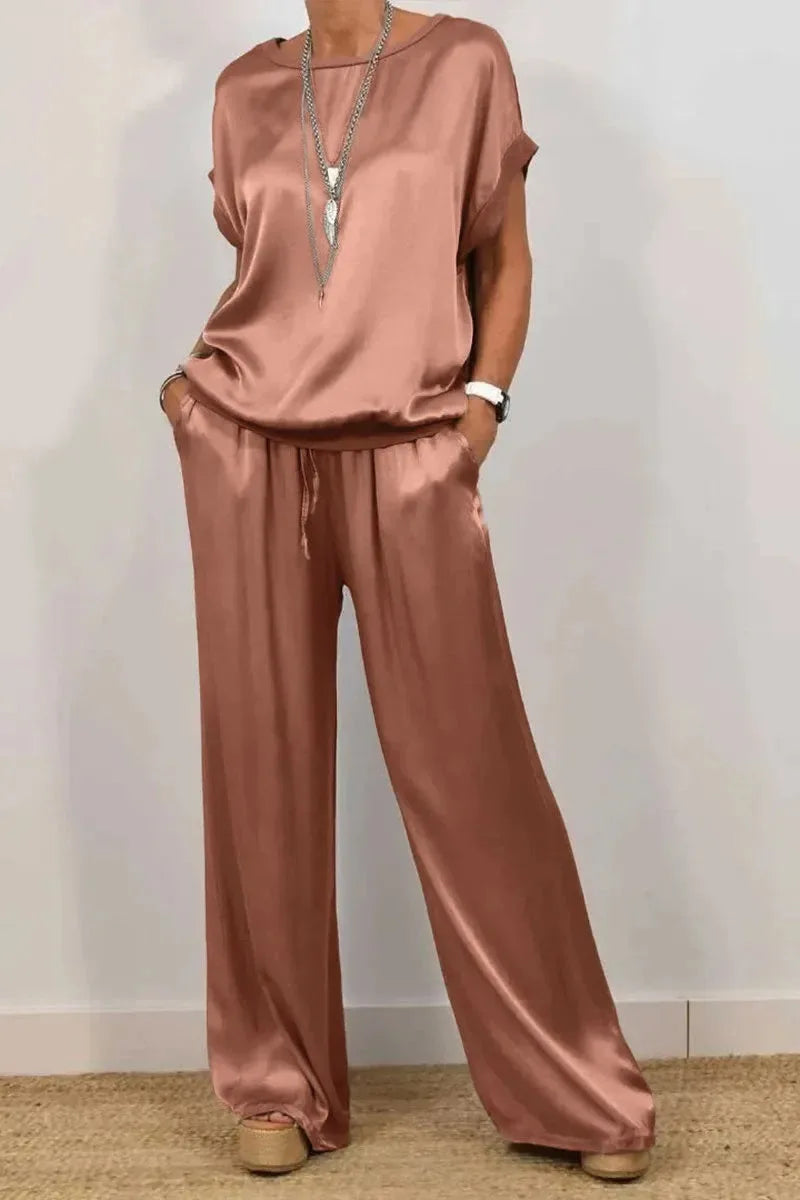 Smooth Satin Two Piece Set Women's Casual Outfit with O-neck Short Sleeve Top and Wide Leg Pant