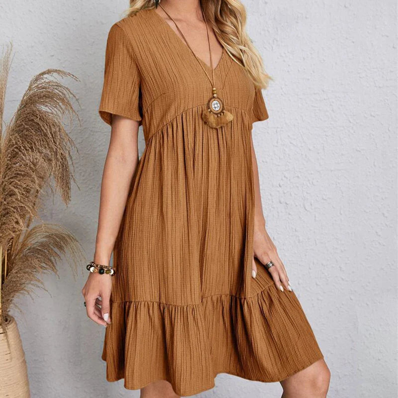 Boho Mini Dress Women V Neck Ruffles A Line Beach Dress