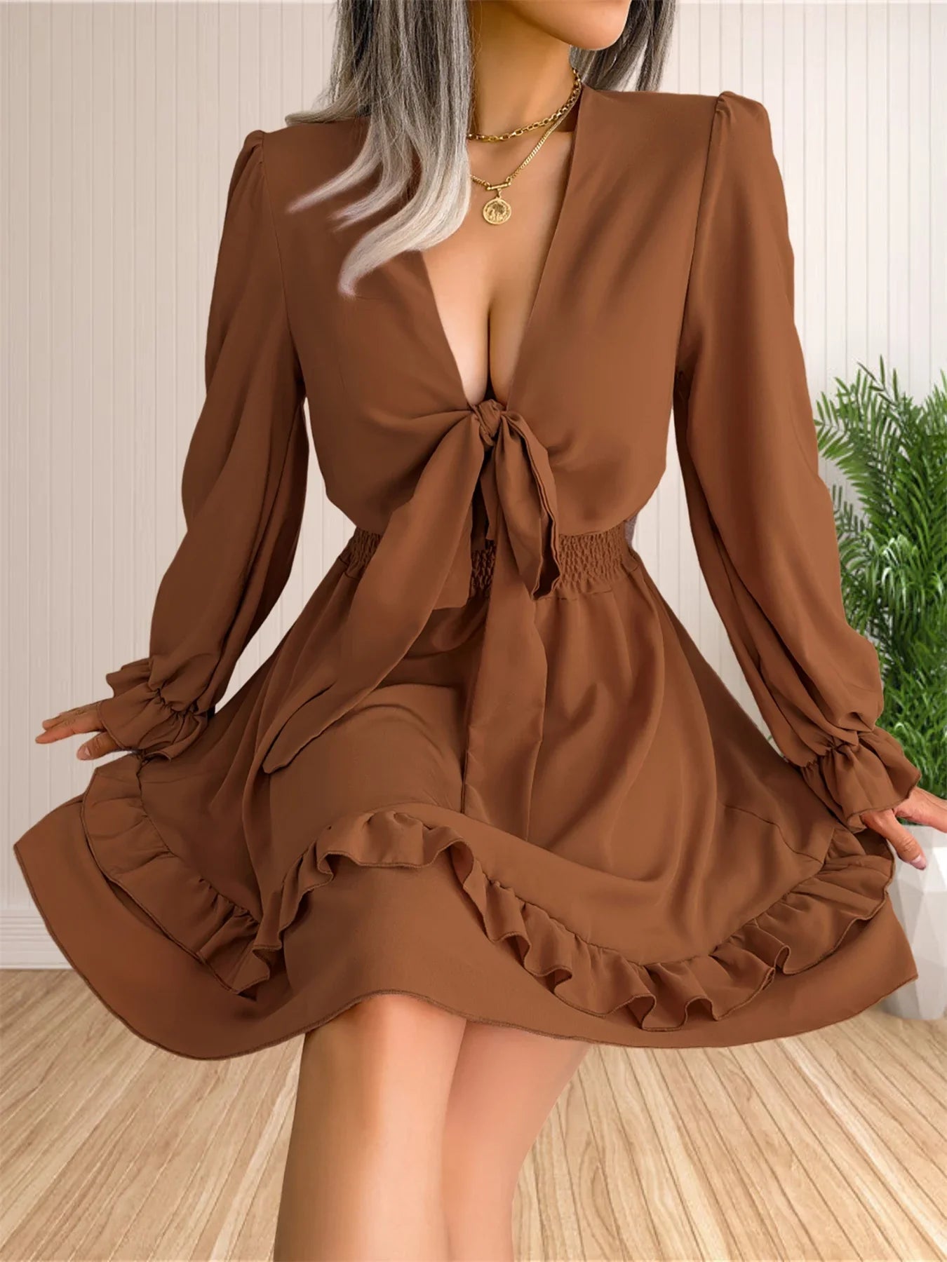 Womens V Neck Knot Front Smocked Waist Tiered Skater Dress