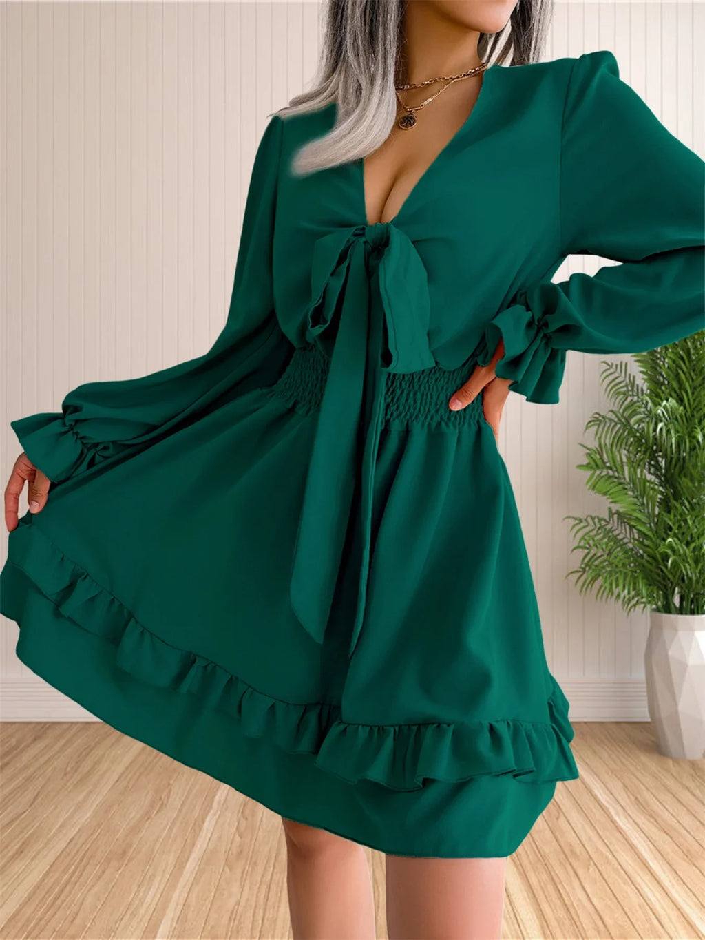 Womens V Neck Knot Front Smocked Waist Tiered Skater Dress