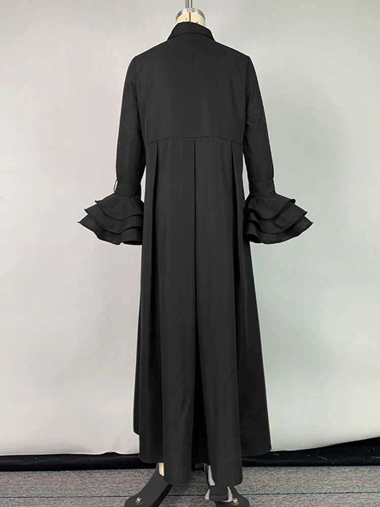 Church Maxi Dress With Pleated Lapel And Flared Sleeves
