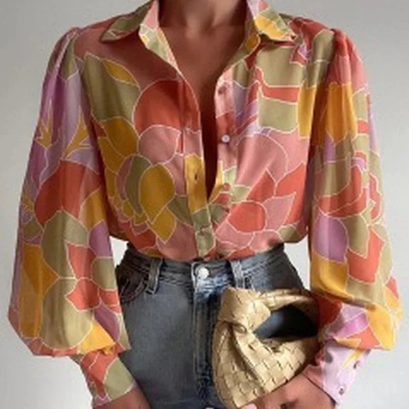 Charming Fashion Lapel Lantern Sleeve Blouse Vintage Floral Print Button Up Long Sleeve Shirt for Office and Casual Wear