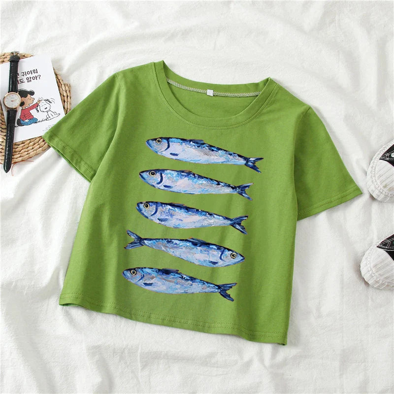 Personalized Y2K Trend Sardine Printed Casual T-Shirt for Women