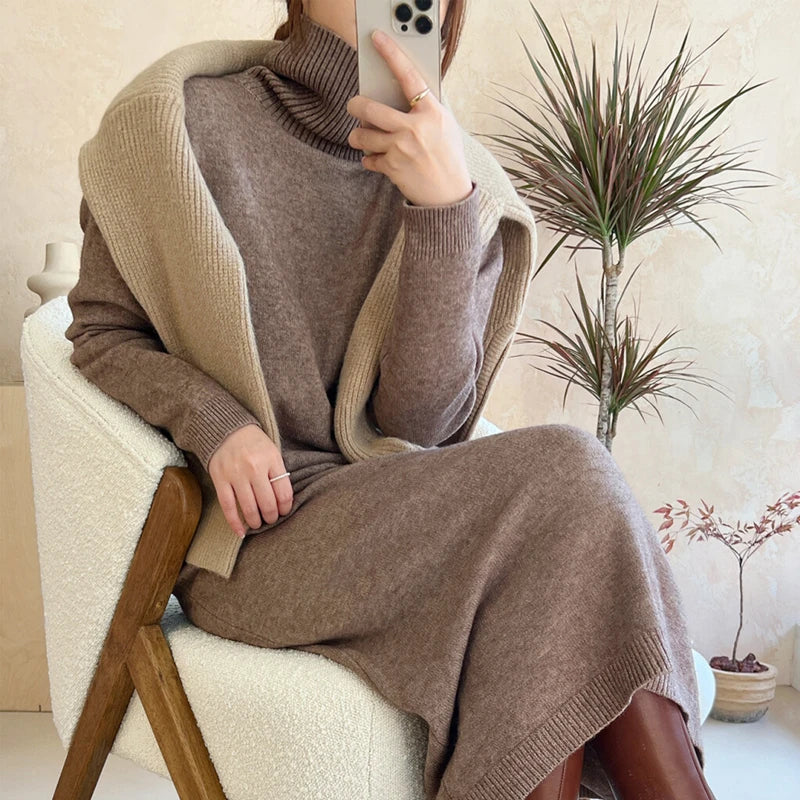 Cozy Turtleneck Sweater Dress For Women Knitted Long Sleeve