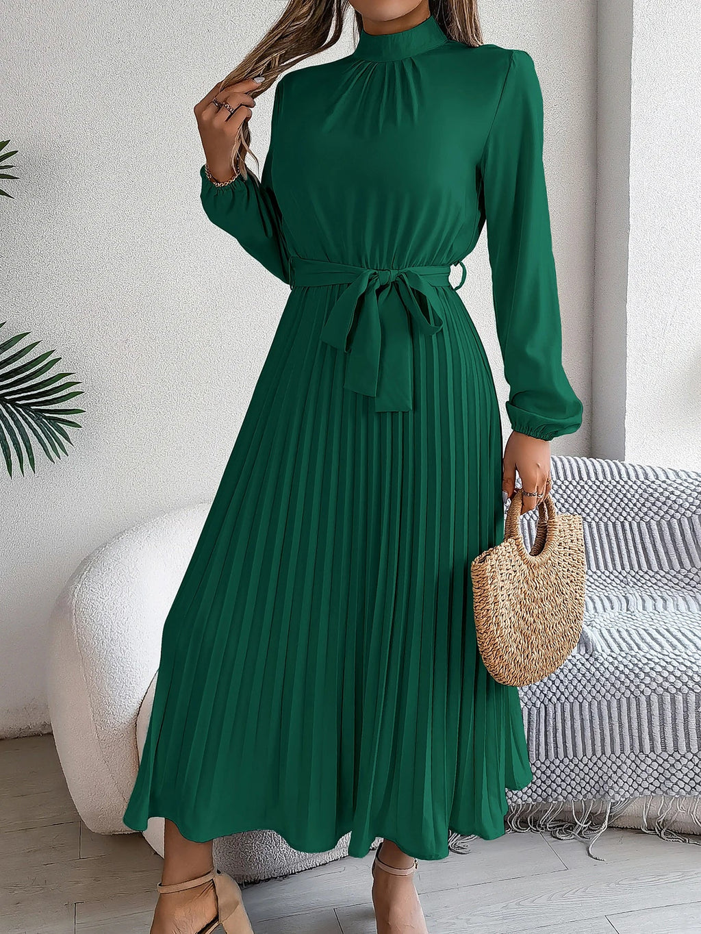 Elegant Pleated Lace Up Long Sleeve Maxi Dress For Spring