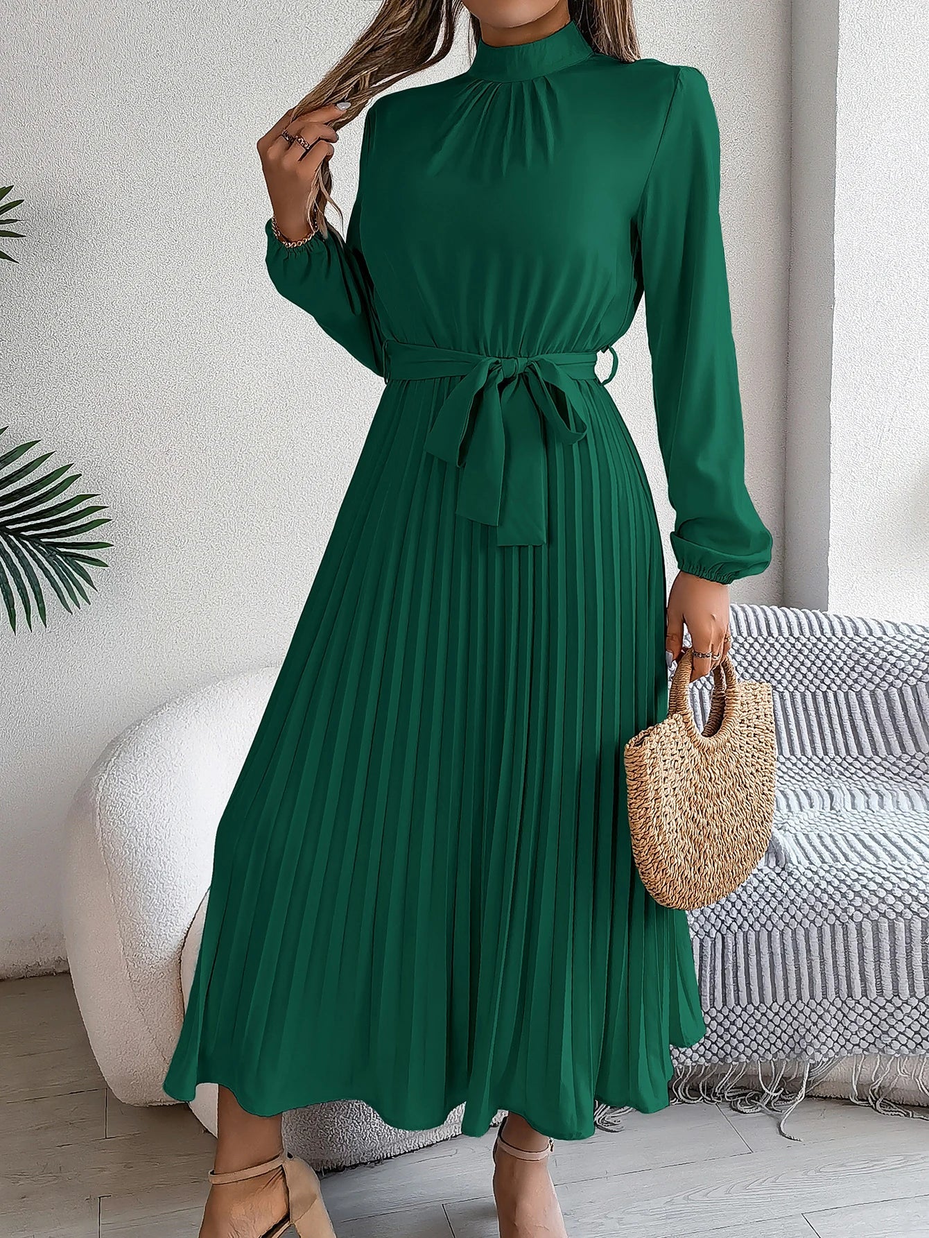 Elegant Pleated Lace Up Long Sleeve Maxi Dress For Spring