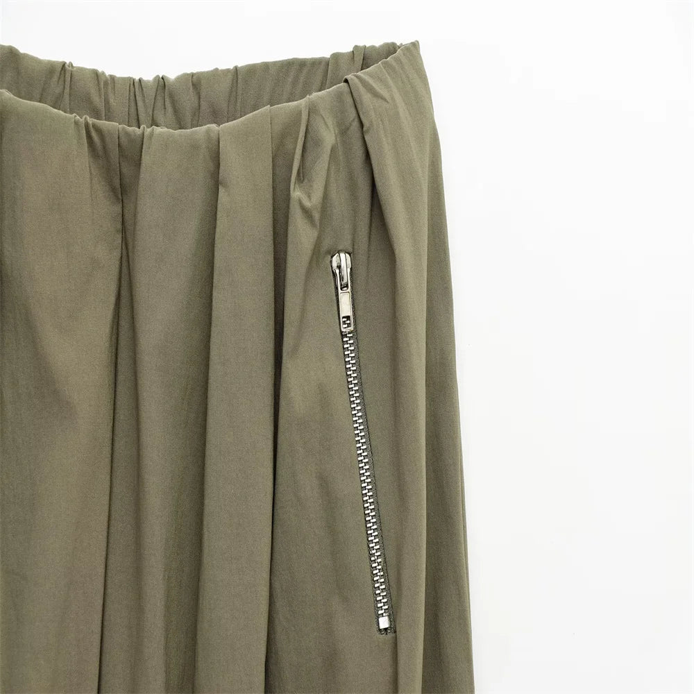 Olive Green Cowl Neck Asymmetric Zip Jacket with Elastic Waist Wide Leg Cargo Pants Set for Trendy Women's Fashion