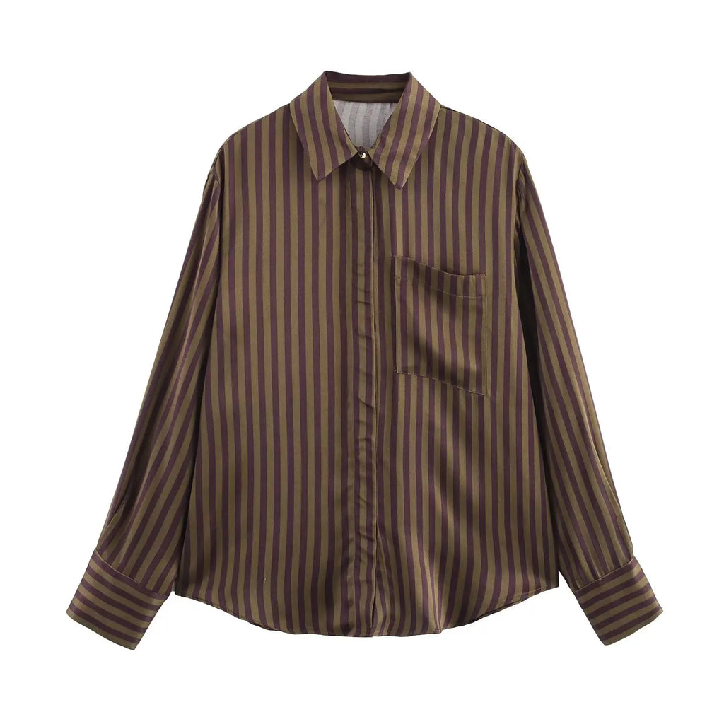 Women's Striped Long Sleeve Shirt with Collar and Striped Casual Pants for Spring Fashion