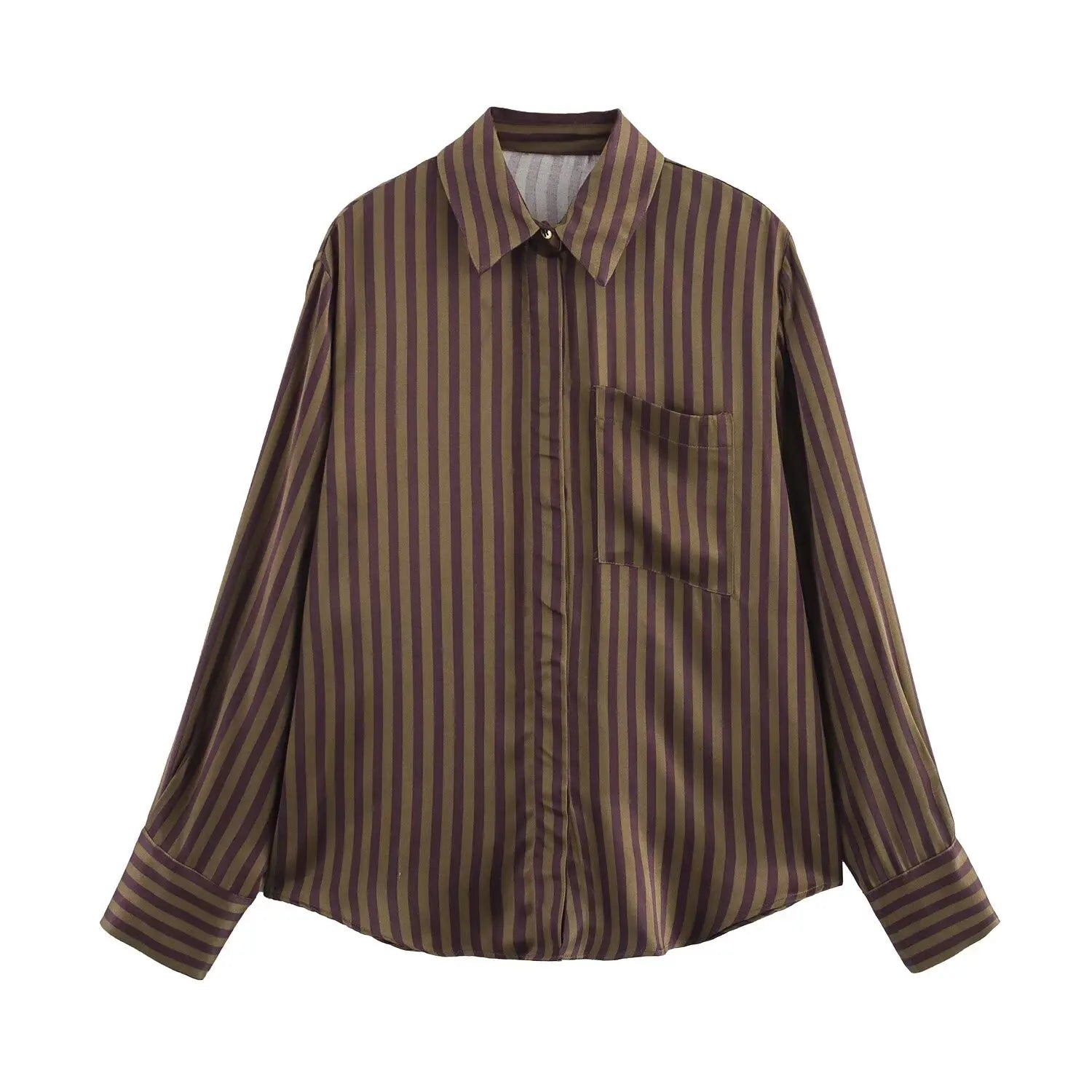 Women's Striped Long Sleeve Shirt with Collar and Striped Casual Pants for Spring Fashion