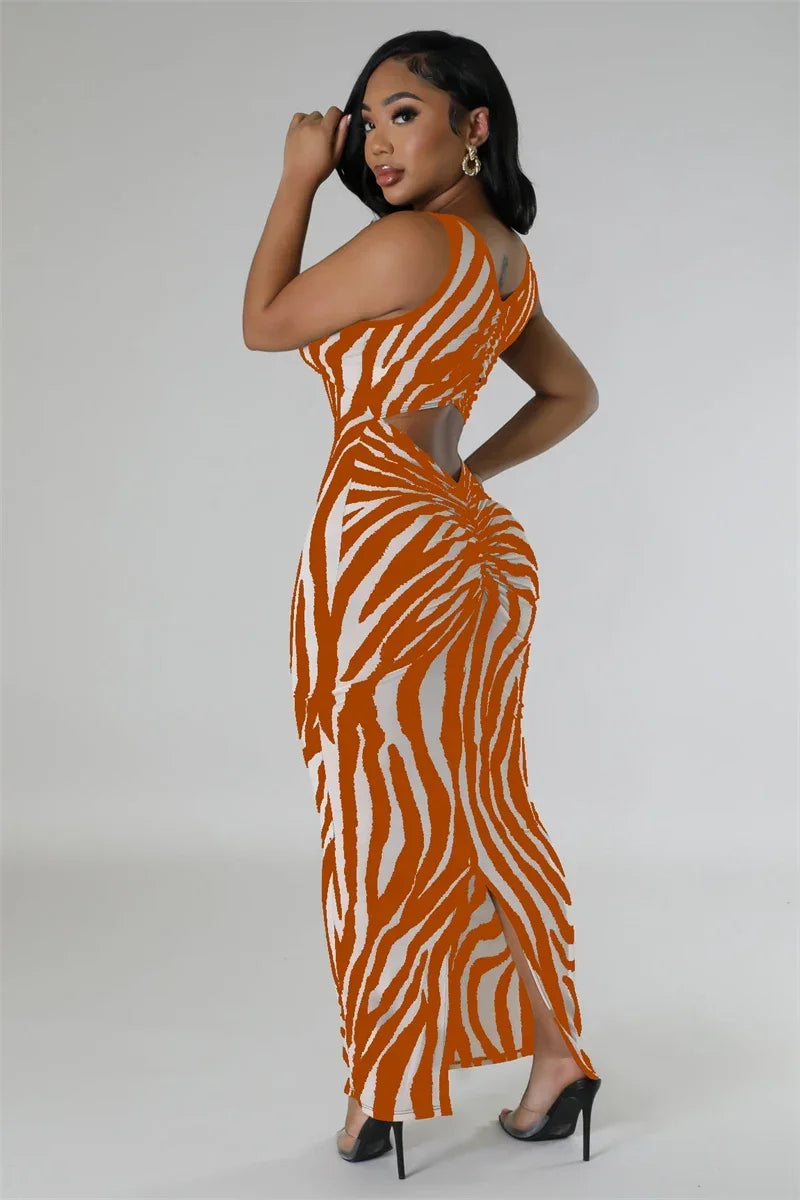 Zebra Print Bodycon Maxi Dress Ruched Sleeveless Party