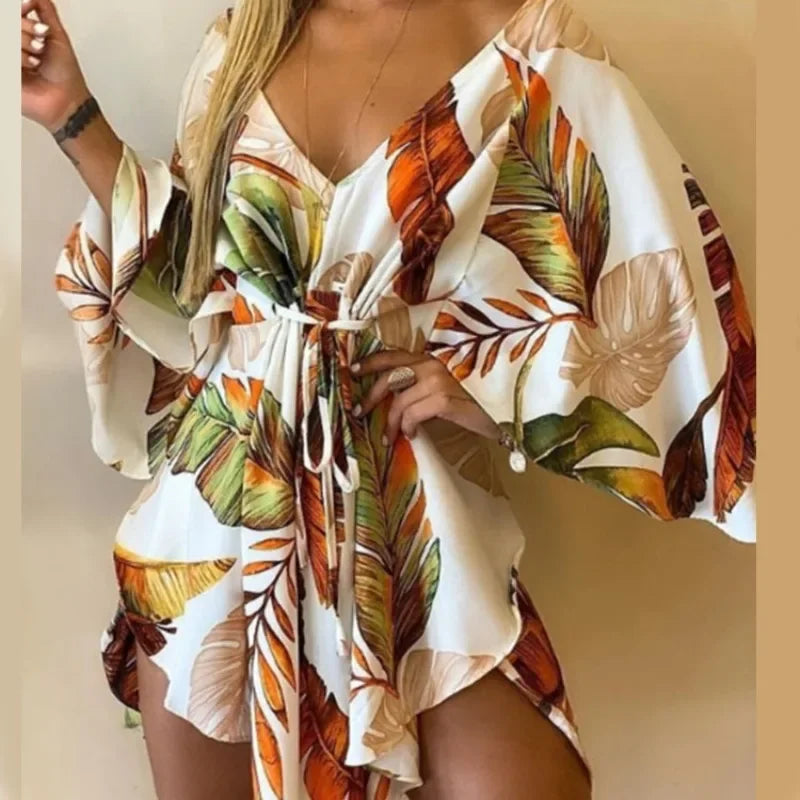 Printed Beach Resort Dress V Neck Bat Wing Sleeve Lace Up