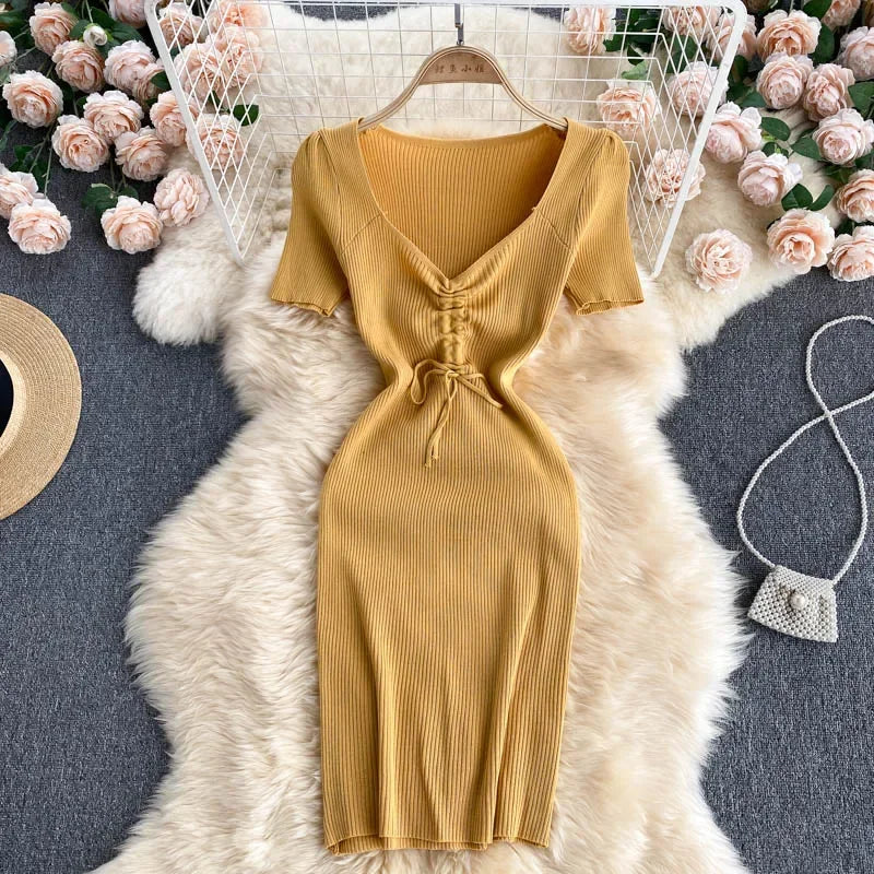 Korean Knit Bodycon Dress V Neck Drawstring Short Sleeves
