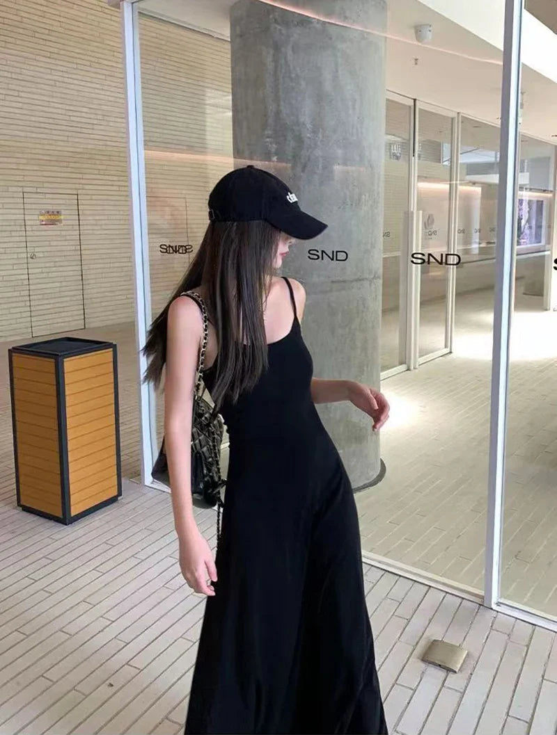 Black Backless Spaghetti Strap Dress Women Elegant Slim