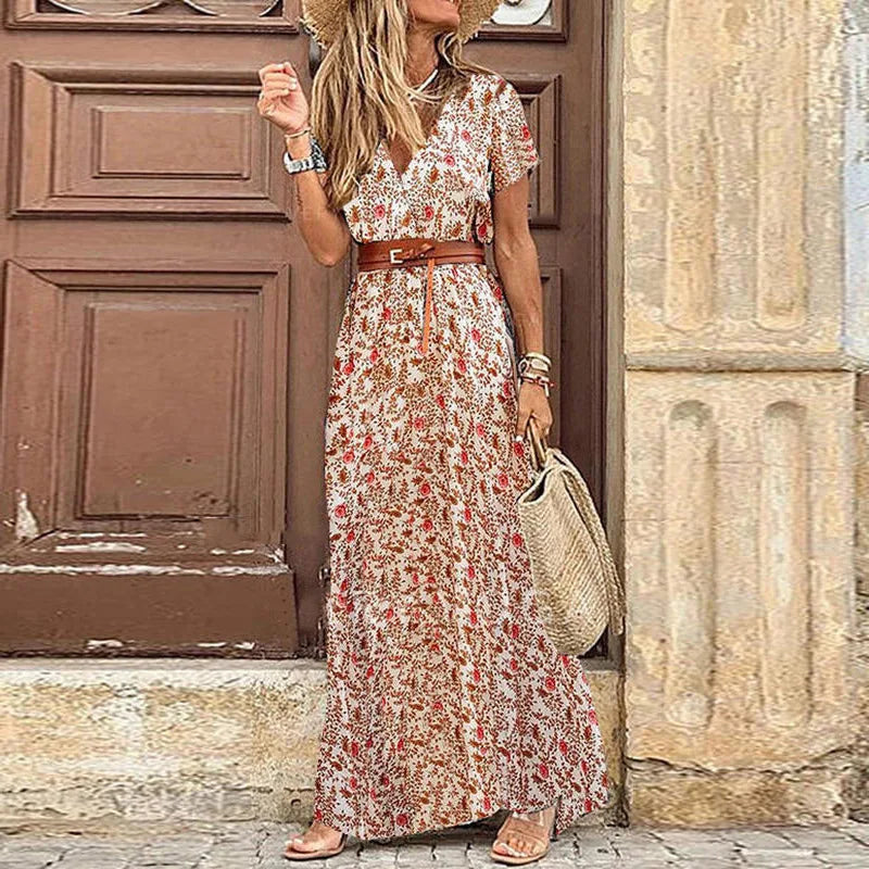 V Neck Midi Dress With Slit Retro Vintage Print Belted
