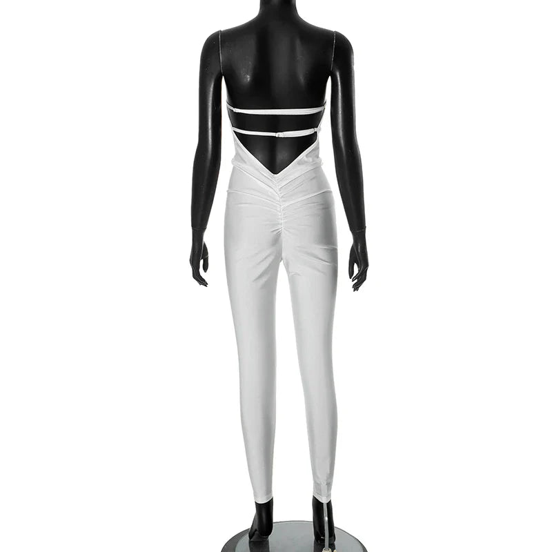 Elegant Women's Strapless Slim Fit Backless Sleeveless Pencil Jumpsuit Solid Color Evening Wear