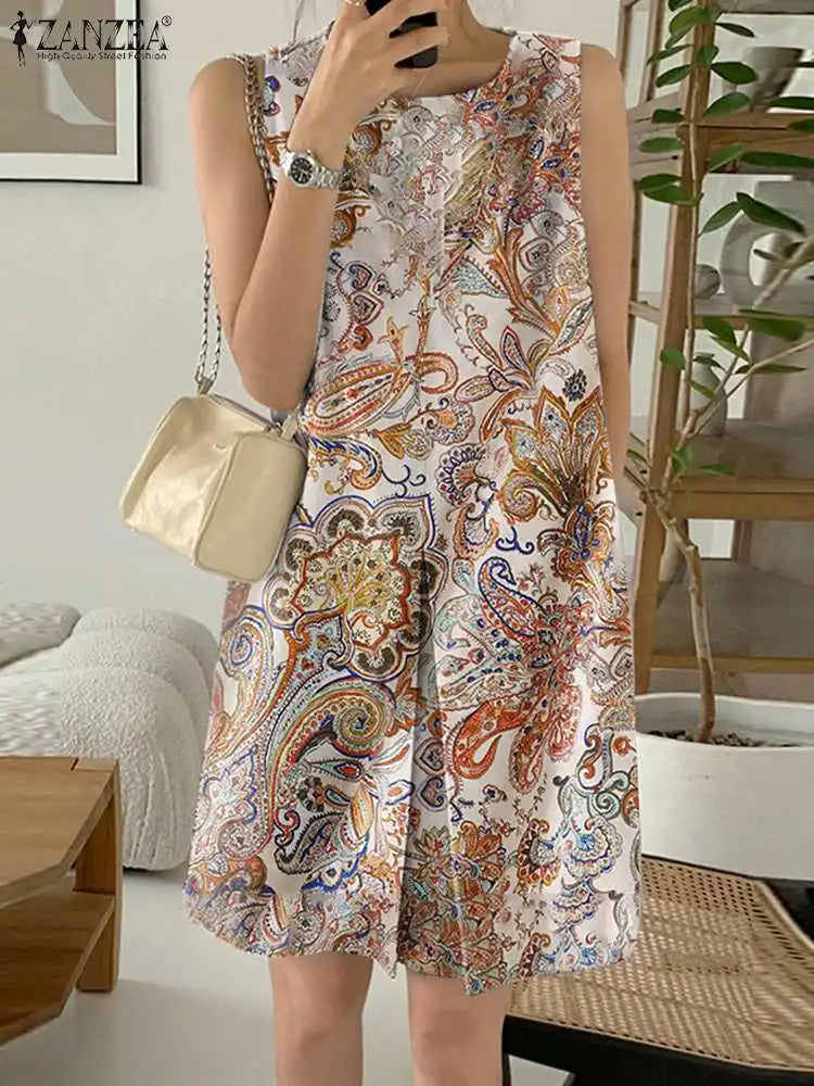 Boho Print Pleated Sleeveless Mini Dress For Summer