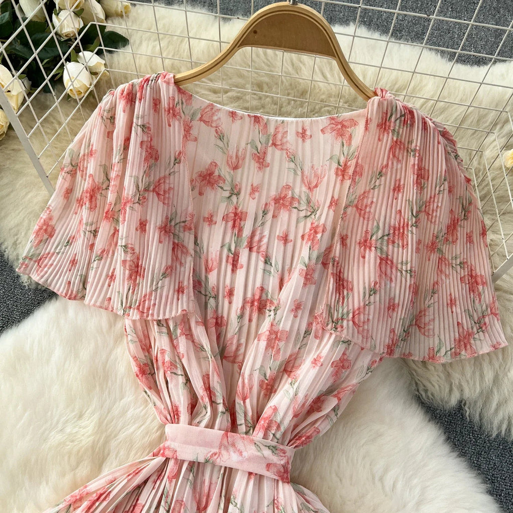 Retro Floral Chiffon Midi Dress With Ruffle Details