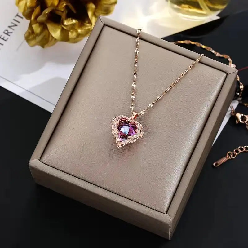 Luxury Colorful Crystal Ocean Heart Pendant Necklace for Women Stainless Steel Jewelry