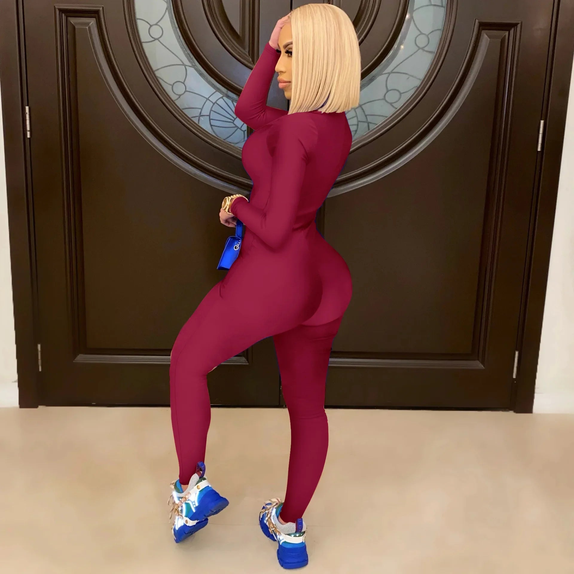 Women's Bodycon One-Piece Jumpsuit with Long Sleeves and Large Front Zipper Casual Sporty Skinny Workout Overalls Top