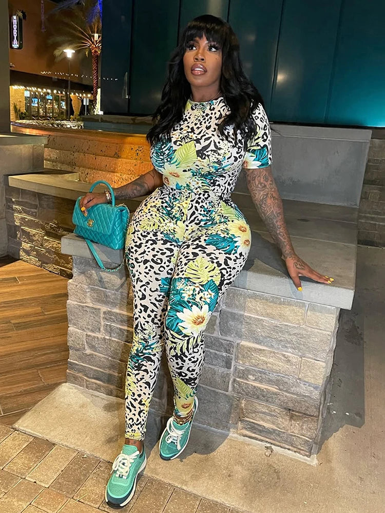 Weird Puss Colorful Print Women's Short Sleeve Skinny Jumpsuit Soft Stretch O-Neck Casual Summer Fitness Street Overalls