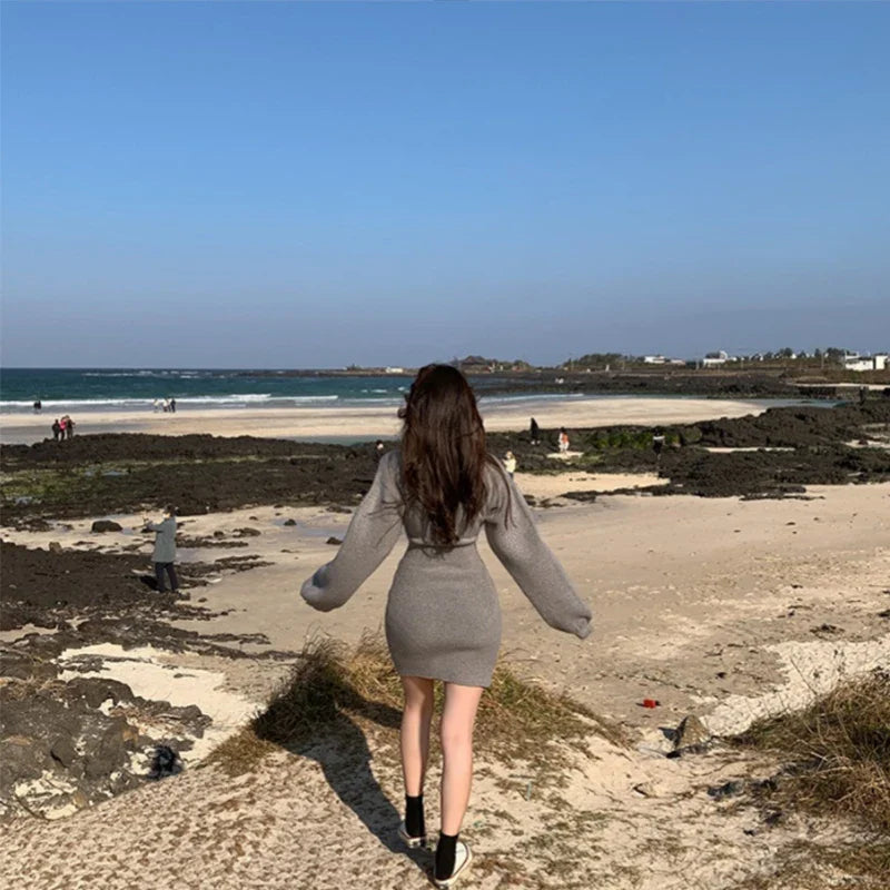 Cross V Neck Knitted Sweater Dress Wrap Style Short Fit