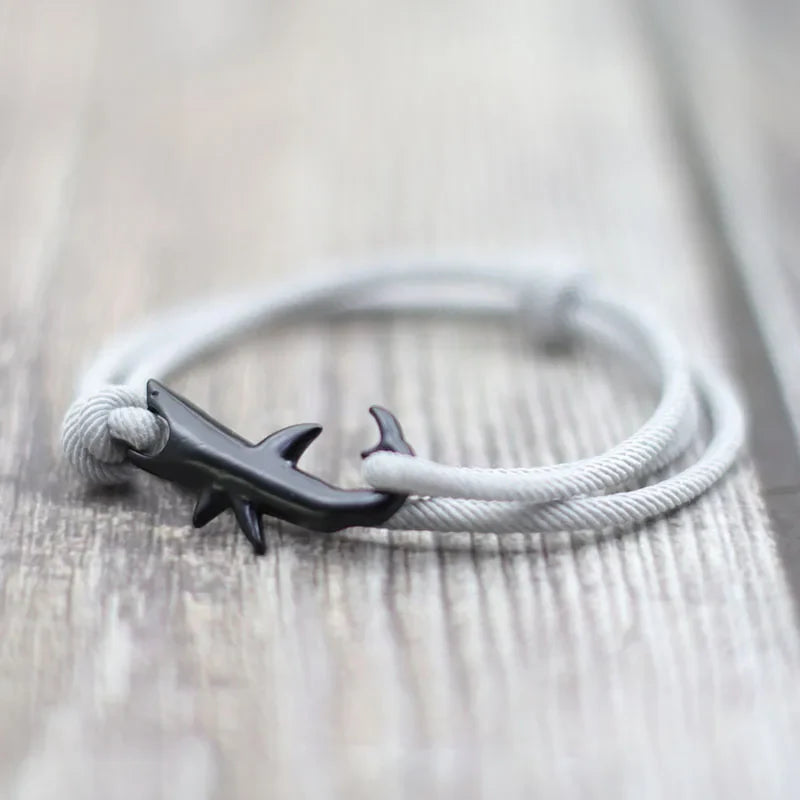 Unisex Double Layer Shark Bracelet Adjustable 3mm Cord Chain Beach Jewelry for Surfers