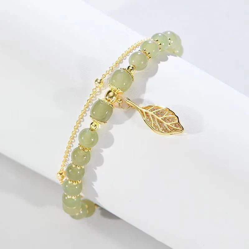 Chinese Style Green Jade Bracelet for Women with Gold Leaves Double Chain Design Elegant Bangle Gift for Special Occasions