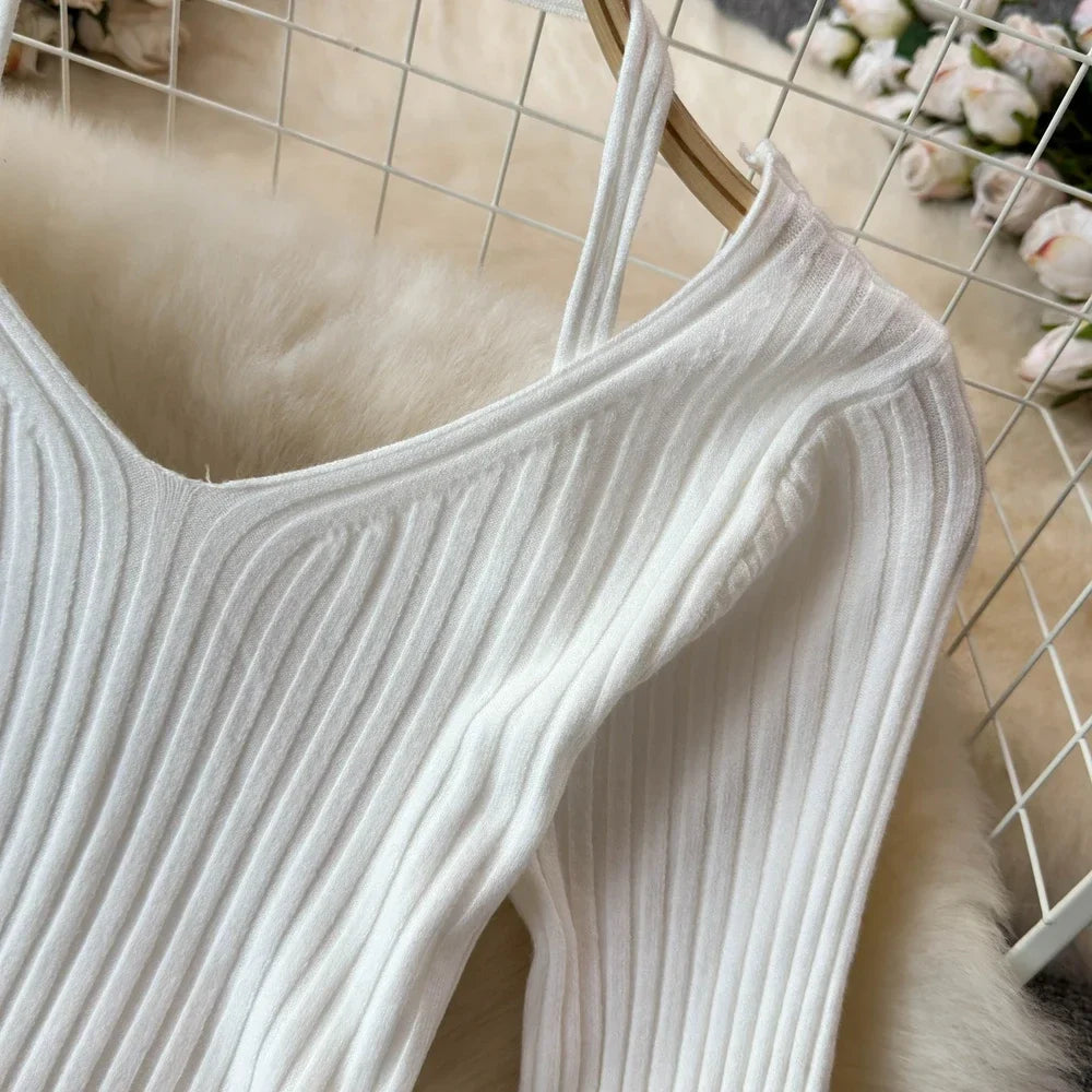 White Long Sleeve V Neck Lace Up Elegant Dress For Women