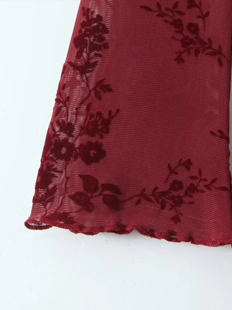 Retro Flocked Print High Waist Long Sleeve Dress Slim Fit