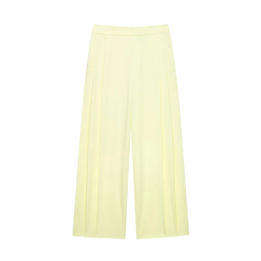 Womens Light Yellow Suit Set Halter Vest with Gold Buttons and Pleated Wide Leg Pants Stylish Ensemble