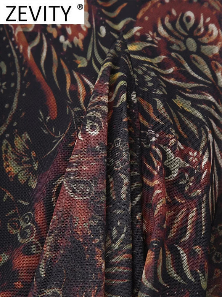 Paisley Floral Mesh Mini Dress With Long Sleeves Pleats