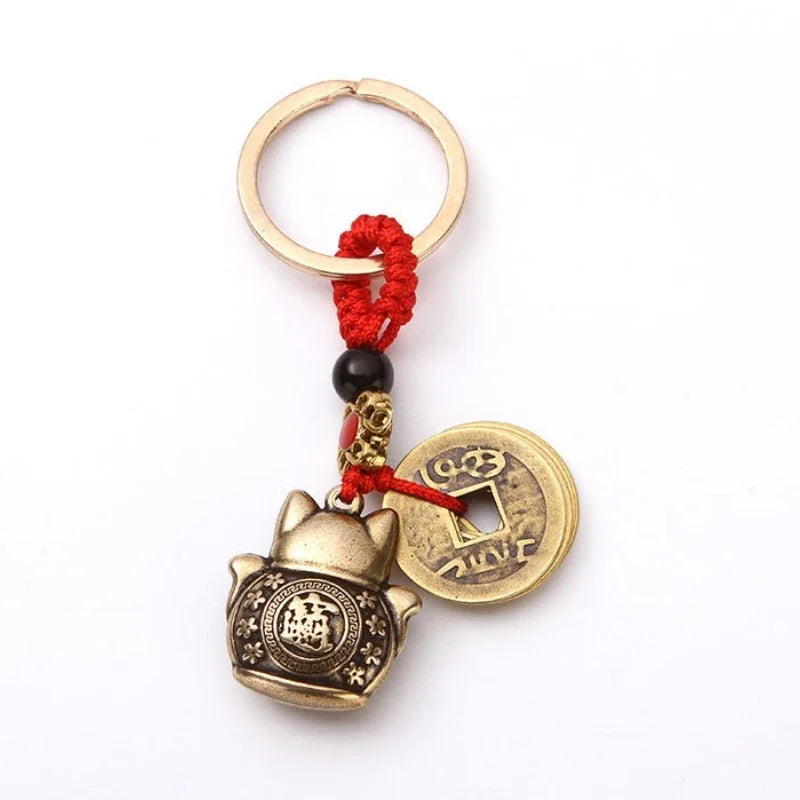 Vintage Handmade Lucky Cat Keychain with Feng Shui Coins and Beaded Design
