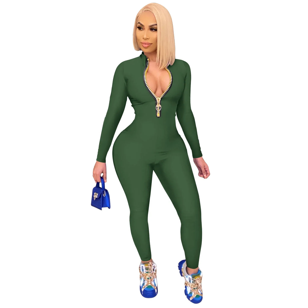 Women's Bodycon One-Piece Jumpsuit with Long Sleeves and Large Front Zipper Casual Sporty Skinny Workout Overalls Top