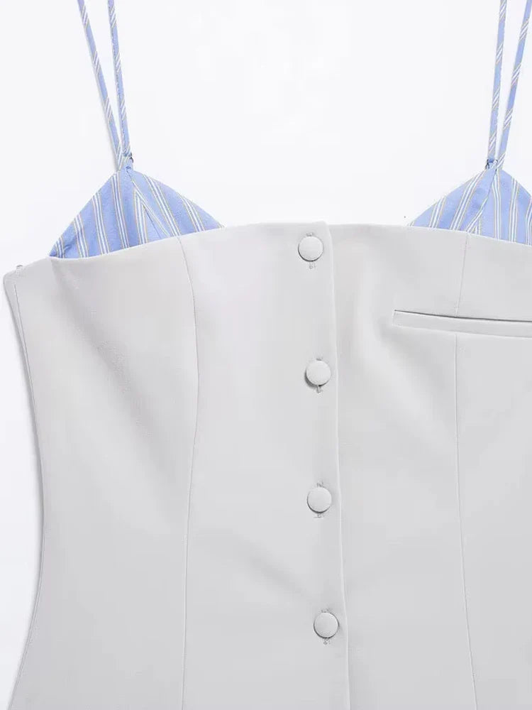 Patchwork Mini Dress With Adjustable Straps Front Buttons