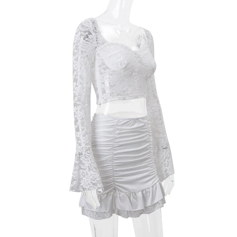 Elegant Y2K Lace See-Through Long Sleeve Crop Top with Ruched Slim Skinny Mini Skirt Two-Piece Set for Women
