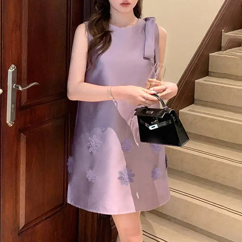 Elegant Korean Flower Bow Sleeveless Mini Dress For Women