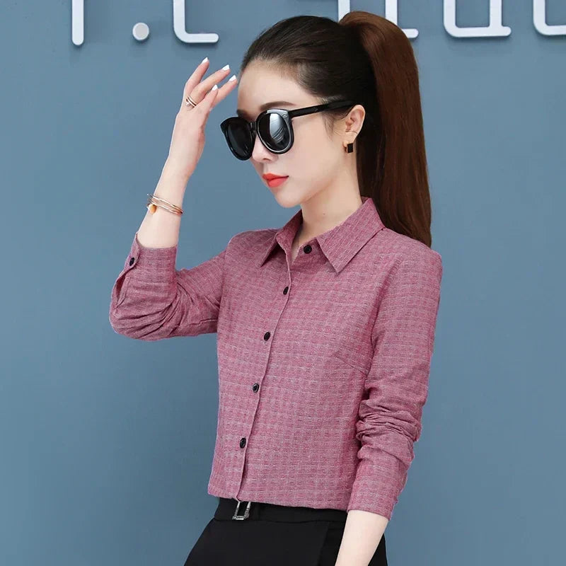 Women's Long Sleeve Slimming Cotton Shirt with Flip Collar Casual Versatile Top for Spring and Autumn Fashion