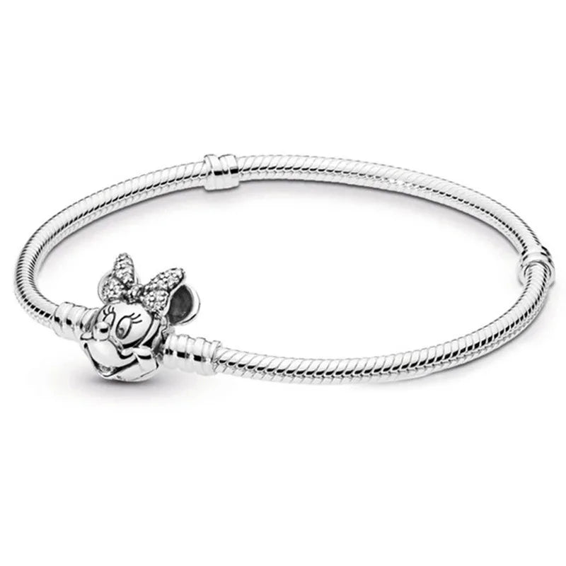 Minnie Mickey Spider 925 Silver Plated Charm Bracelet with Love Heart Clasp for Women DIY Jewelry Gifts
