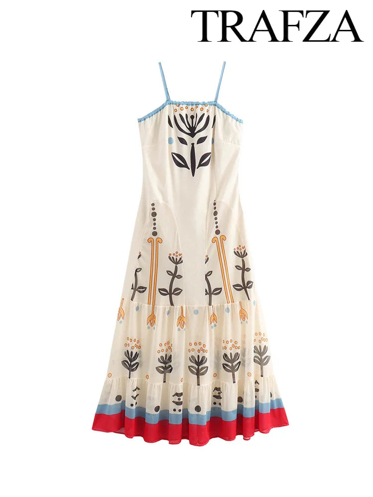Boho Floral Print Halter Spaghetti Strap Backless Dress