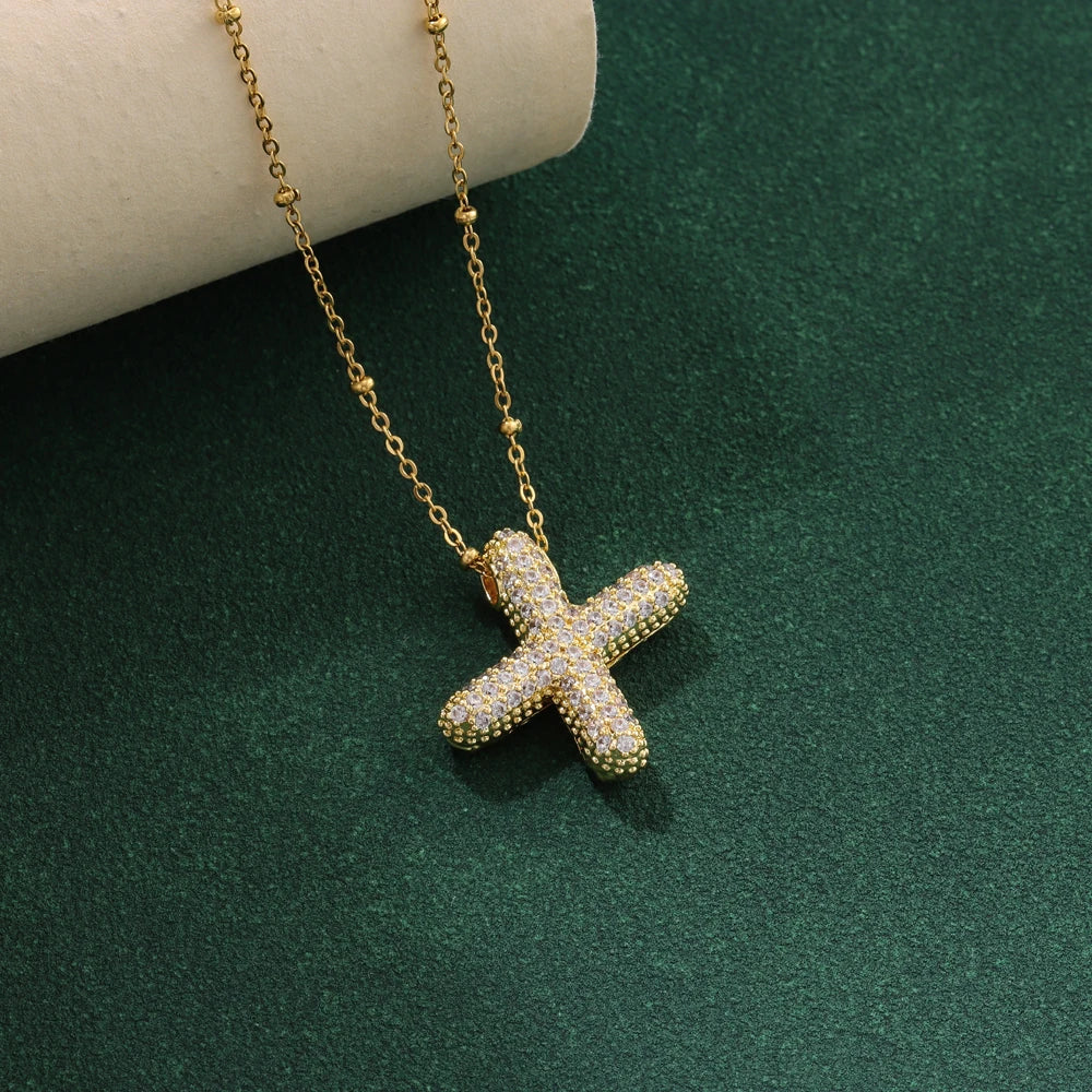 Luxury Zircon Crystal Initial Necklace for Women Stainless Steel Choker Chain Jewelry